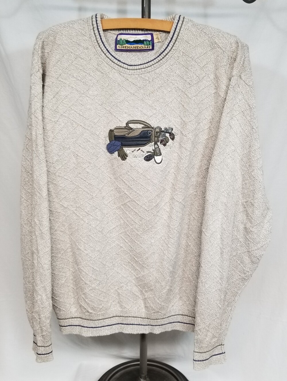 Vintage Shenandoah Mens Tan White Size Large Embroidered Golf Knit Sweater